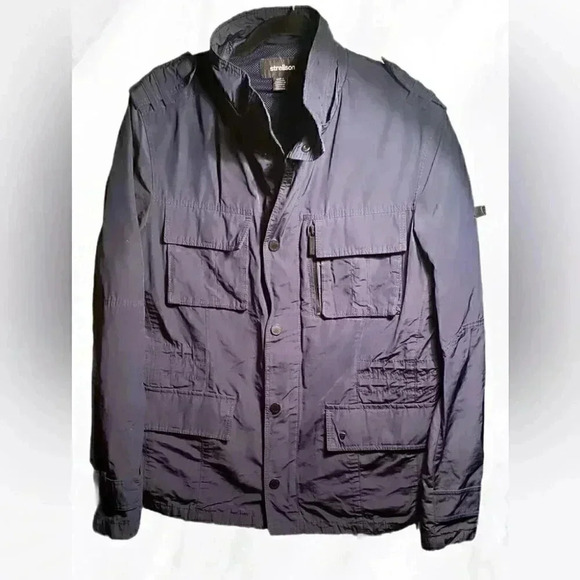 Strellson field navy casual utility blue snap button long sleeve nylon jacket M - Picture 2 of 5